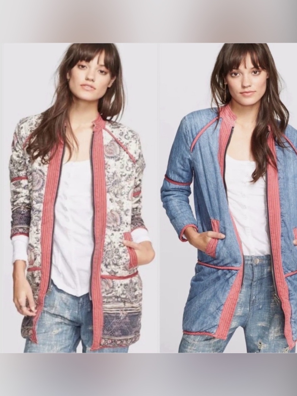 Free People Womens Reversible Blue & Multi-Print Quilted Jacket with Pink Trim